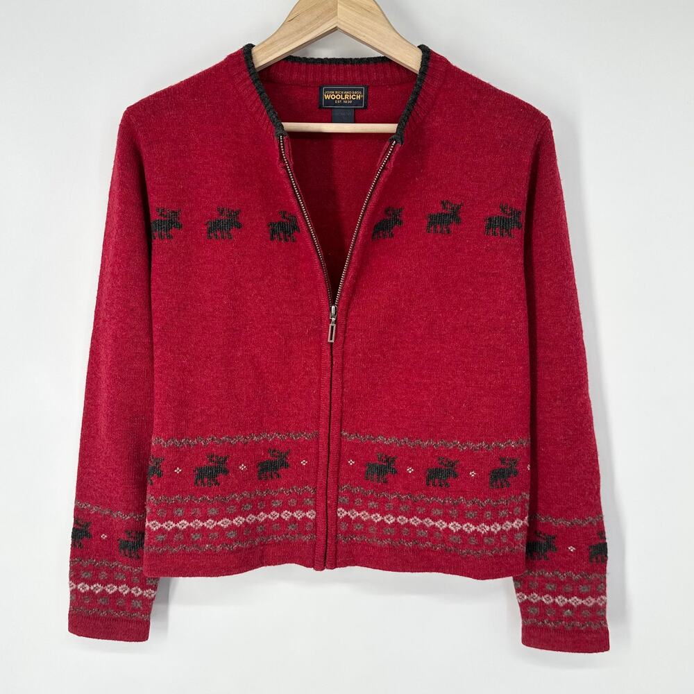 WOOLRICH Fair Isle Zip Cardigan Sweater Moose Embroidered 100% Wool Nordic Red